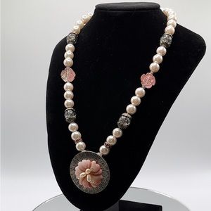 *RARE* Genuine Rose Quartz + Faux Pink Pearl Tibetan Silver Necklace